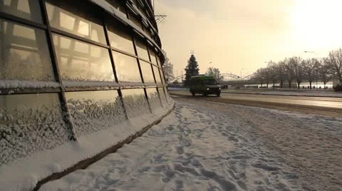 Winter city road at sunset Video stock 16482598