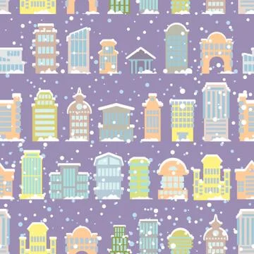 Winter city seamless pattern. Snowfall. Skyscrapers and municipal buildings i Ilustración de archivo