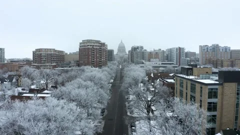 Winter City Shot of Capitol Building in Madison Wisconsin | 4K Drone Aerial Stock Footage