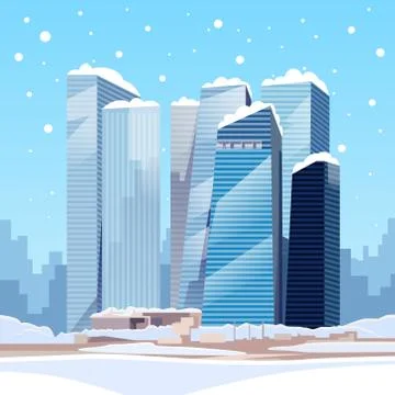 Winter City Skyscraper View Cityscape Snow Skyline Stock Illustration