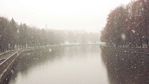 Winter city. Snow falling in the park Stock Footage 71615331