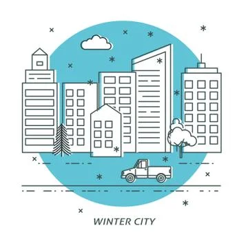 Winter city vector card template in thin line style Stock Illustration
