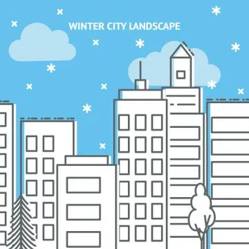 Winter city vector card template in thin line style Stock Illustration