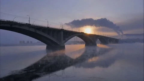 Winter cityscape, the automobile bridge in the backlight, time lapse Stock Footage 71479973