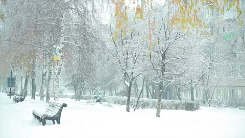 Winter cityscape with a bench in the park Stock Footage 96293310