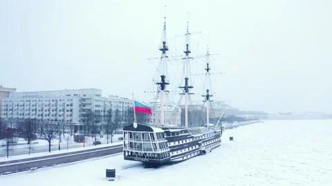 Winter cityscape, ship with a russian flag Stock Footage 223763656