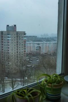 Winter cityscape through window with spider plants and Soviet blocks Stock Photos