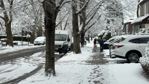 Winter Cleanup After Fresh Snowfall. Snowy Residential Street in New York Stock Footage 324588418