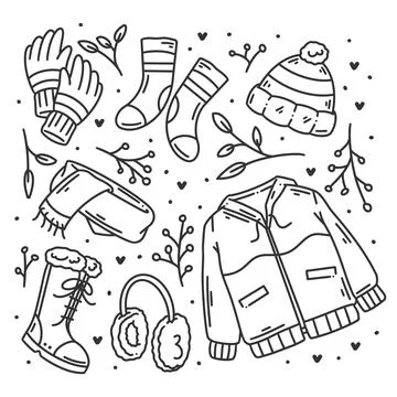 Winter clothes and essentials hand drawn doodles coloring Illustrazione stock