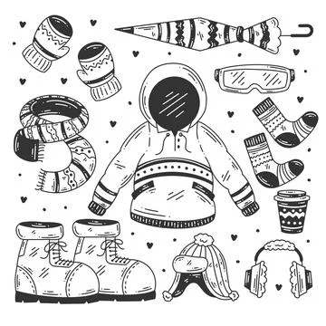 Winter clothes and essentials hand drawn doodle coloring 스톡 일러스트