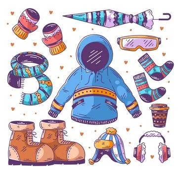 Winter clothes and essentials hand drawn doodle fullcolor Stock Illustration