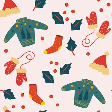 Winter Clothes Seamless pattern. Christmas sweaters, hat, mittens and knitted Stock Illustration