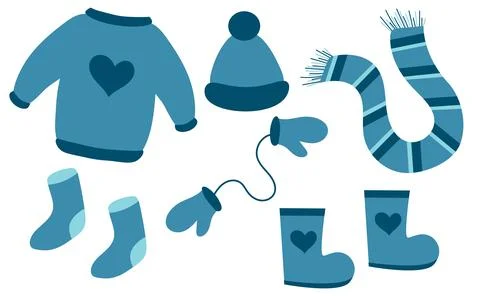 Winter clothes set. Sweater, socks, boots, scarf, mittens, hat Stock Illustration