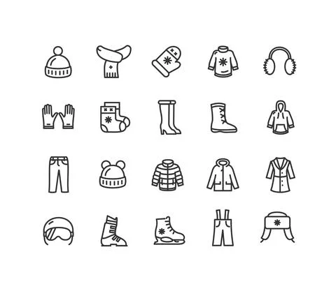 Winter Clothes Sign Black Thin Line Icon Set. Vector Illustrazione stock
