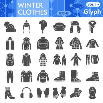 Winter clothes solid icon set, outdoor clothing symbols collection or sketches Stock Illustration