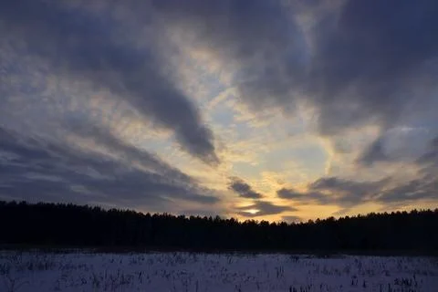 Winter cloudy sunset in a snowy forest in the Urals Stock Photos