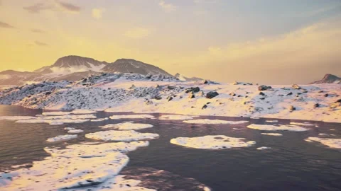 Winter coastal landscape with floating ice fragments on still dark blue sea Stock Footage 201875381