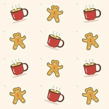 Winter cocoa and gingerbread cozy repeat. Periodic seamless square tile with  Stock Illustration