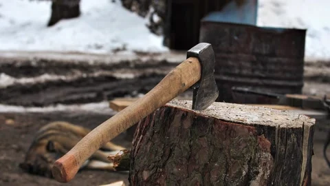 Winter cold snowy day Ax for chopping firewood Stock Footage 222968665