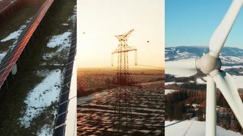 Winter collage featuring solar power plant, wind turbine blades and power lines. Stock Footage 342938730