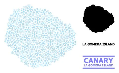 Winter Collage Map of La Gomera Island with Snowflakes Stock Illustration