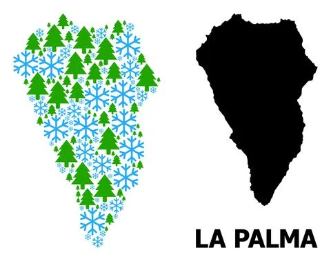 Winter Collage Map of La Palma Island of Snow Flakes and Fir-Trees Stock Illustration