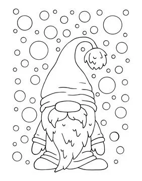 Winter coloring page with a gnome with a beard in a hat under the snow. Chris Stock Illustration