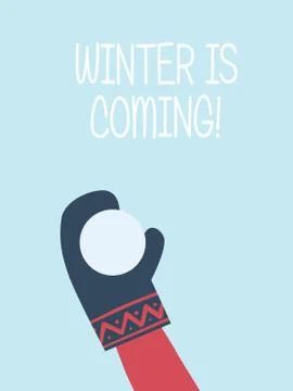 Winter is coming card vector template. Hand with glove throwing snowball. Symbol Illustrazione stock