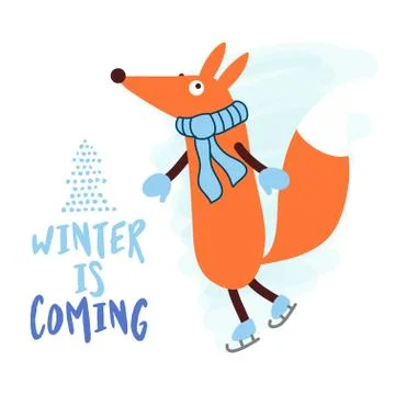 Winter is coming - Hand drawn vector illustration with cute skater fox Stock Illustration