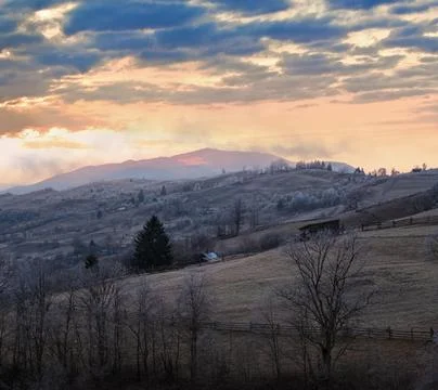 Winter coming. Last good weather days in autumn mountains countryside morning Stock Photos