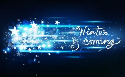 Winter is coming message, snow shooting stars light effect neon, decoration Stock Illustration