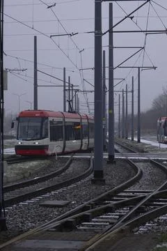 Winter Commute by Modern Tram Stock Photos