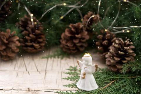 Winter composition with branches of juniper and thuja and Christmas toys on a 스톡 사진