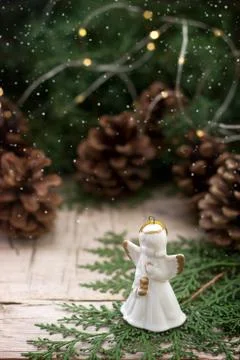 Winter composition with branches of juniper and thuja and Christmas toys on a Stock Photos