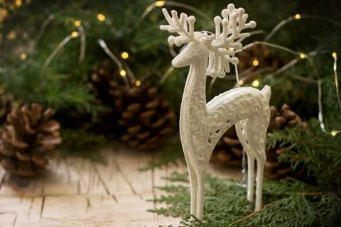 Winter composition with branches of juniper, thuja, garland and old New Year' Foto stock