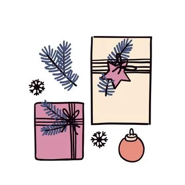 Winter composition with christmas gift. Hand drawn vector illustration. Stock Illustration