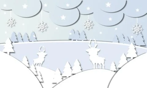  Winter composition with fir trees, clouds, snowflakes, stars, deer and  hills Stock Illustration