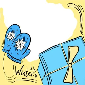 Winter composition - frame with present and mittens in color Stock Illustration
