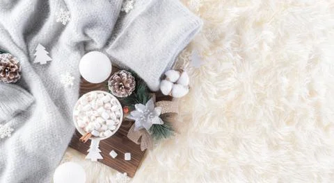 Winter composition. Gift box marshmallow cup, Christmas ball snowflakes, anis Stock Photos