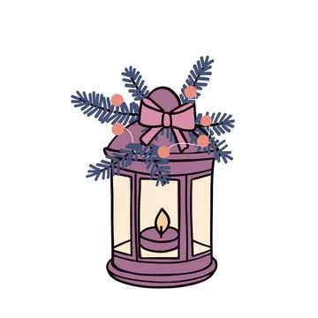 Winter composition with lamp and candle. Still life with home decor. Hand drawn Illustrazione stock