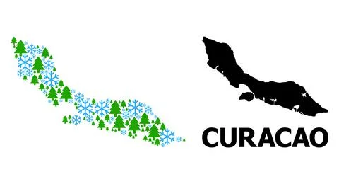 Winter Composition Map of Curacao Island of Snowflakes and Fir Trees Stock Illustration
