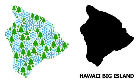 Winter Composition Map of Hawaii Big Island with Snowflakes and Fir Trees Stock Illustration