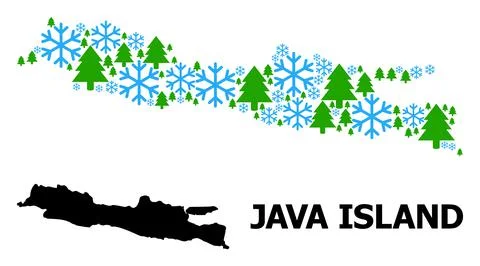 Winter Composition Map of Java Island of Snowflakes and Fir Forest Stock-Illustration