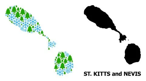 Winter Composition Map of Saint Kitts and Nevis with Snow Flakes and Fir Forest Stock Illustration