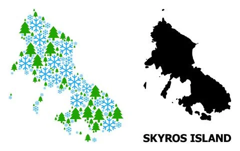 Winter Composition Map of Skyros Island with Snowflakes and Fir Forest Stock Illustration