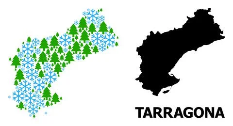 Winter Composition Map of Tarragona Province with Snow Flakes and Fir Trees Stock Illustration