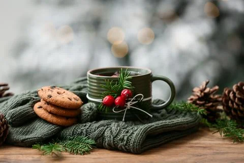 Winter composition with mug of tasty rose hip tea, cookies, sweater and fir b Stock Photos