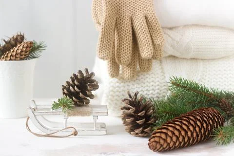Winter concept with white blanket pullover, gloves, sleds, cup, cones and fir Foto stock