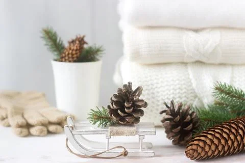 Winter concept with white blanket pullover, gloves, sleds, cup, cones and fir Stock Photos