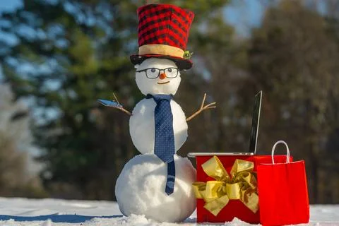 Winter Connection. Snowman Remote Work. Smart Snowman working Online. Winter Stock Photos